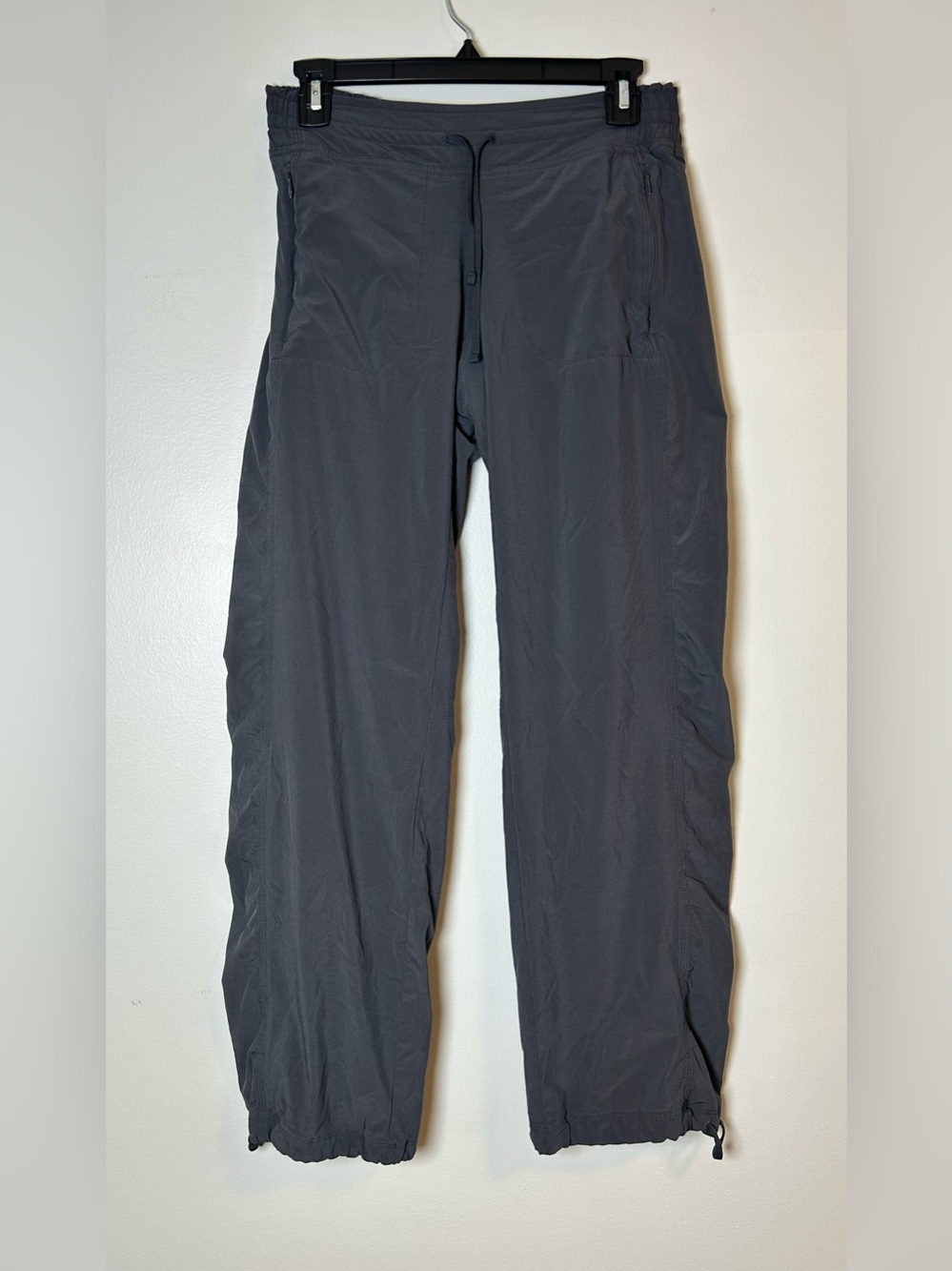 Athleta lined hiking travel pants drawstring cinch hem size 4 dark gray